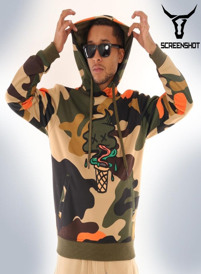 SCREENSHOT-H11076 Mens Urban Hip Hop Fleece Pullover Hoodie - Ice Cone Camo Cartoon Animation Hooded Streetwear Sweatshirt-Olive-Medium - Image 2